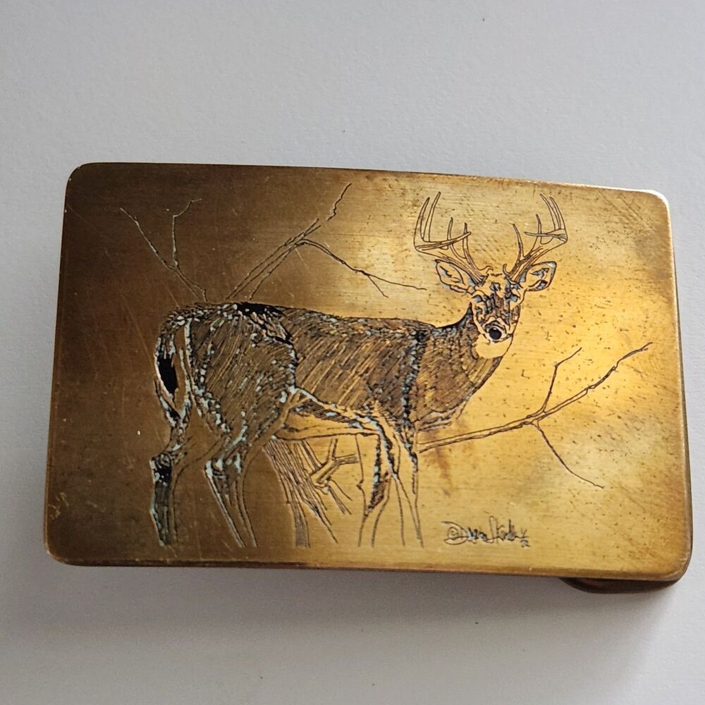 Vtg Deer in Wood Scene Solid Brass Belt Buckle Signed By Artist Donovan J Kindle